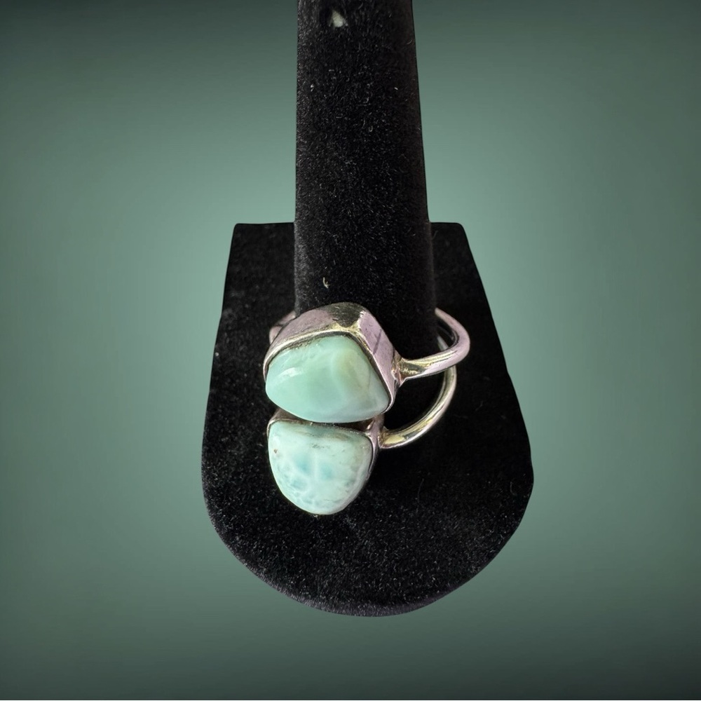 Sterling 2 Stone bypass ring blue-green larimar gemstones.Adjustable size 10